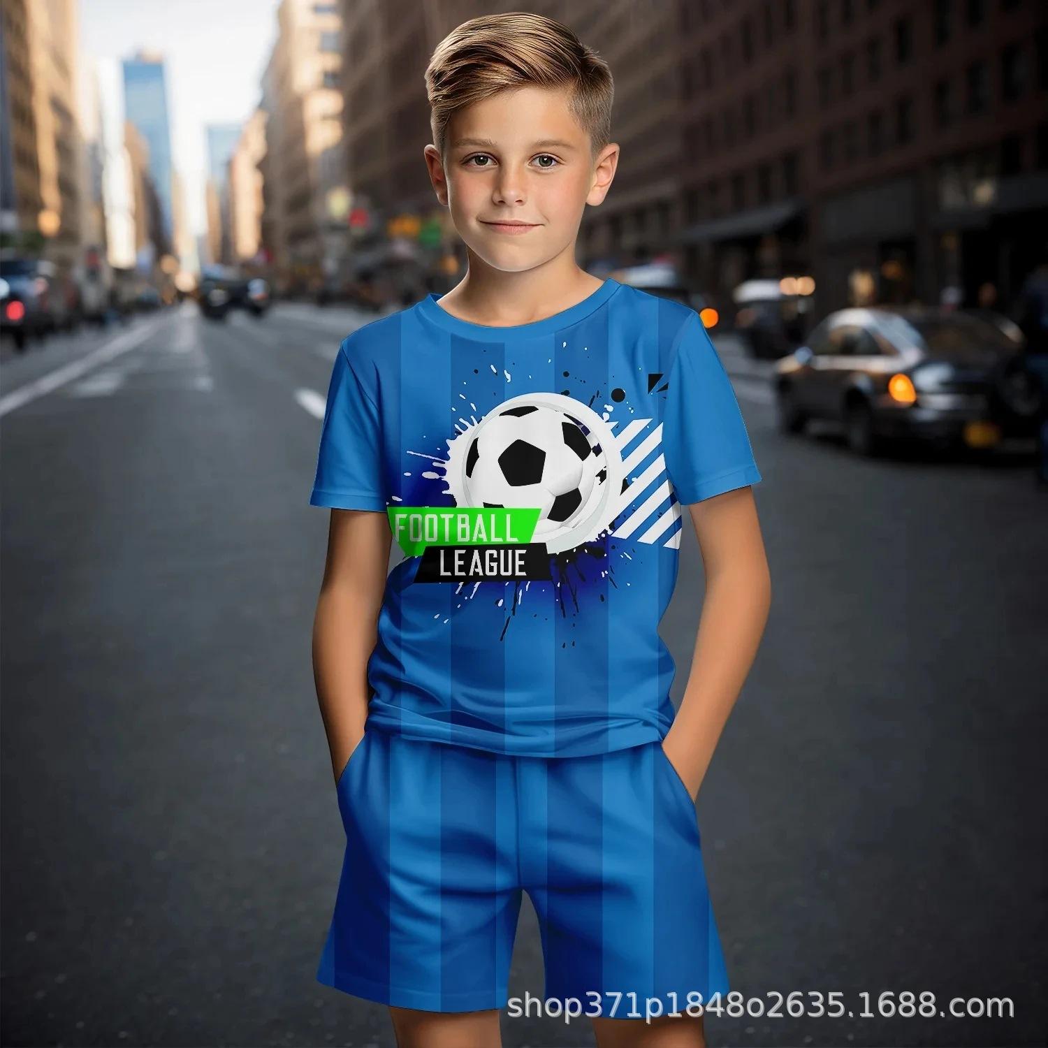 

Летний комплект с круглым вырезом и 3D-принтом футбола, модный и повседневный, с шортами с короткими рукавами, комплекты детской одежды для мальчиков 140