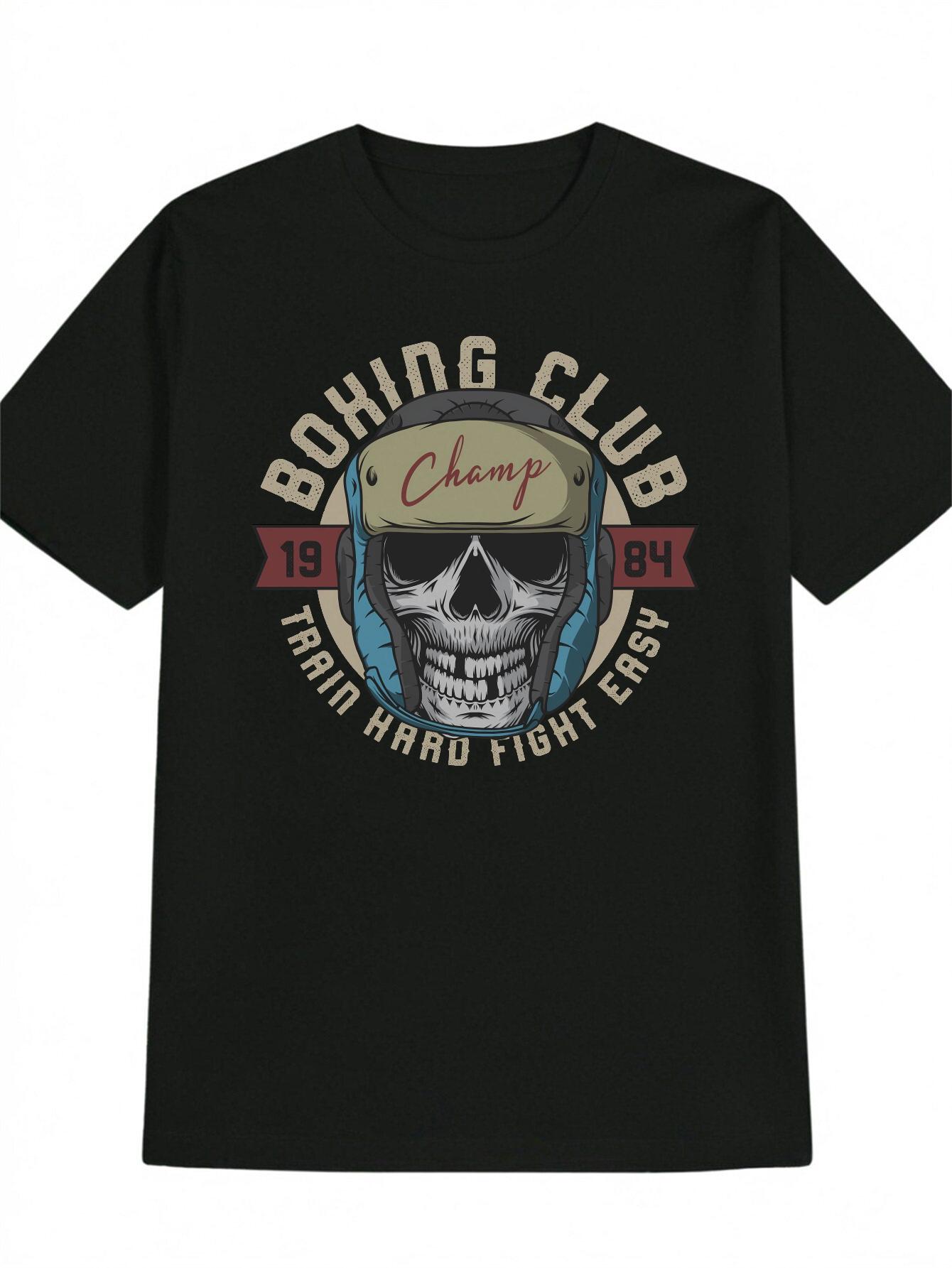 Casual Versatile Round Neck T-shirt with Skull and Black Helmet Print XXXXL