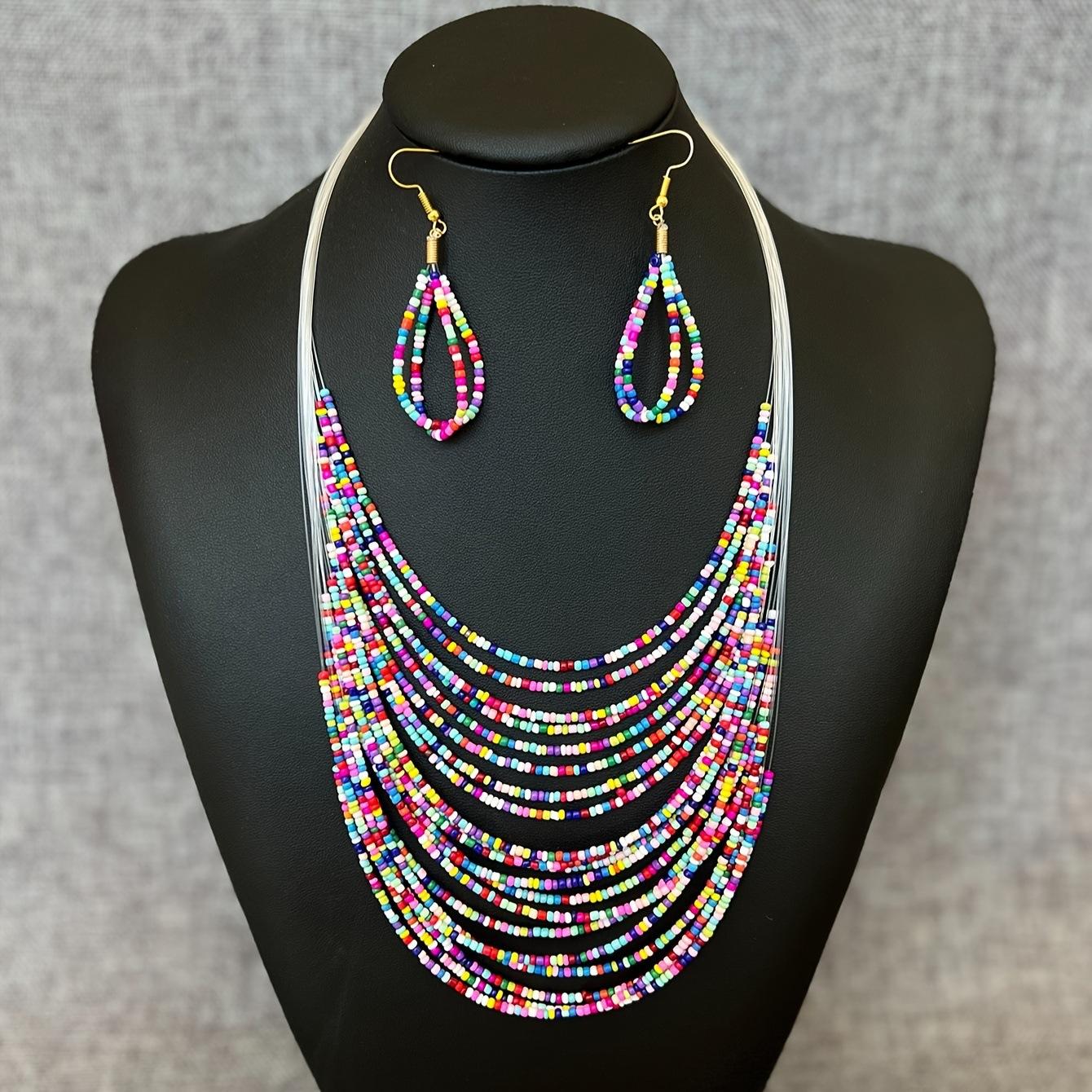 

Богемный Этнический Стиль Многослойный Рождественский Набор Ожерелье и Серьги из Цветных Рисовых Бусин