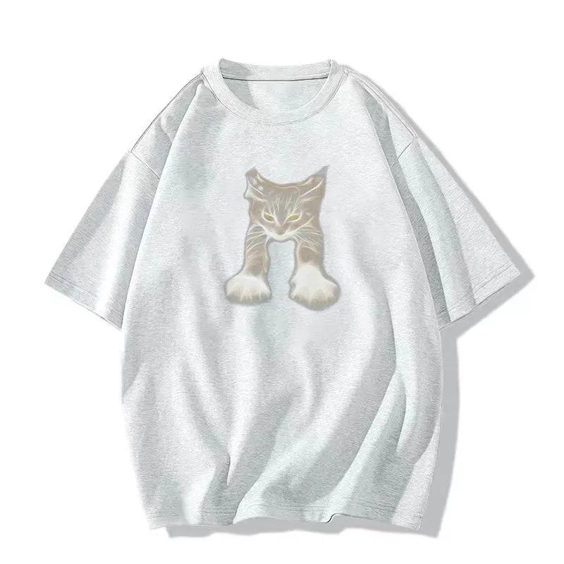 100% Pure Cotton Women's Cat Print Short Sleeve T-Shirt, Plus Size, Slimming Round Neck, Summer 2024 Collection.