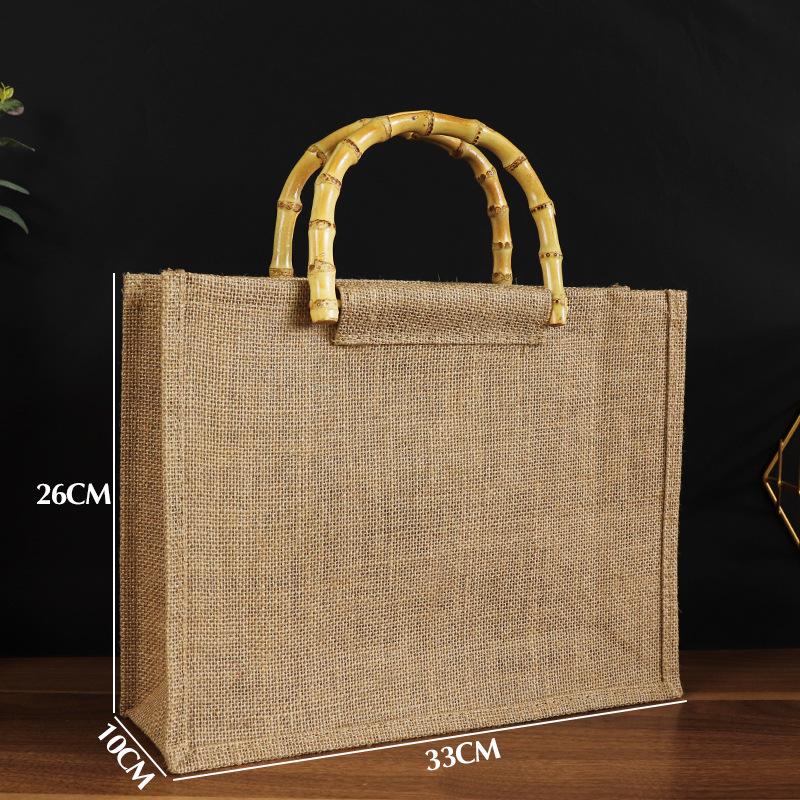 Bamboo Handle Jute Tote Bag - Retro Burlap Shopping & Gift Bag for Tea Storage