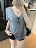 Women's Gray V-neck Short Sleeve Casual Loose Fit Summer T-shirt