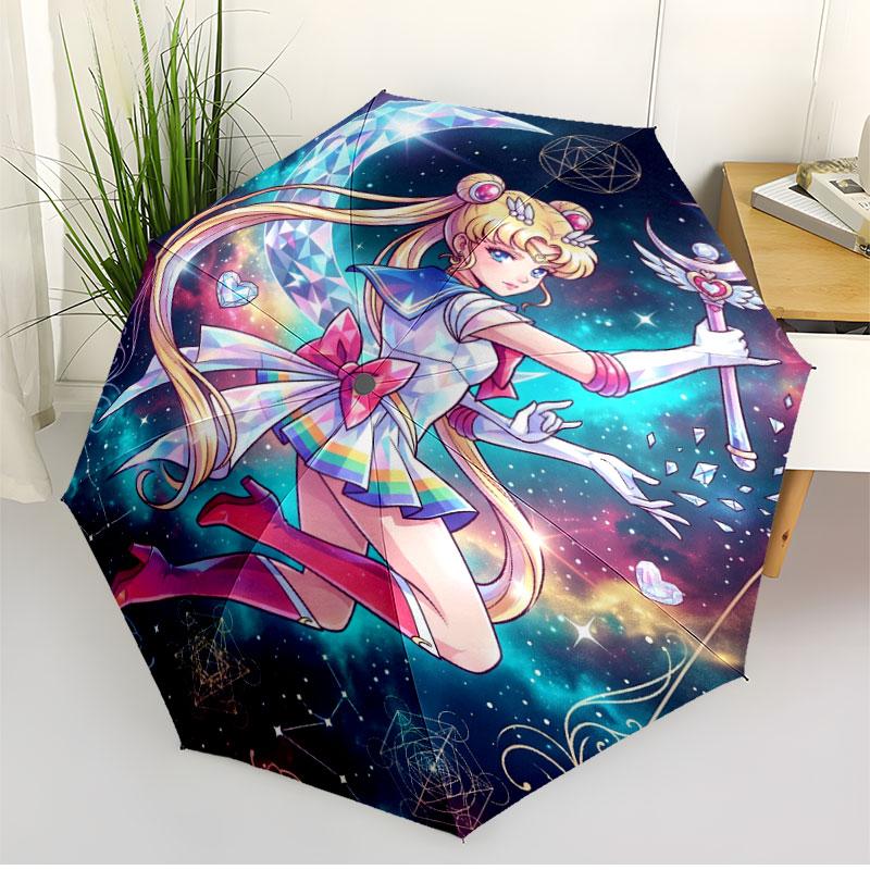 Sailor Moon Print Automatic Open Close Umbrella, Portable Foldable Umbrella, for Outdoor Commute Camping Trip, Ideal Birthday Gift