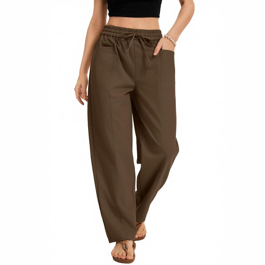 Womens Wide Leg Cropepd Pants Casual Elastic Drawstring Waisted Pants With Pockets