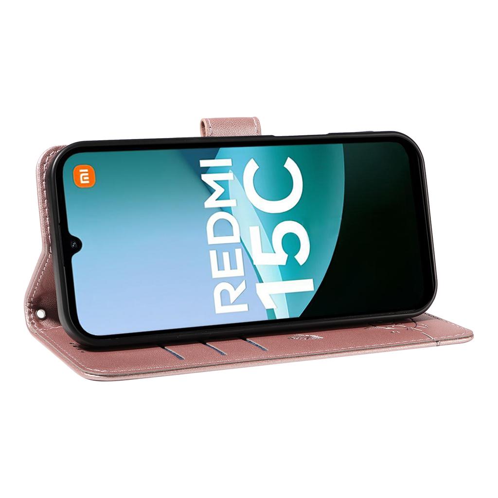 For Xiaomi Redmi 15C 4G (171mm) Case Cat Pattern Imprint Leather Phone Cover with Wrist Strap