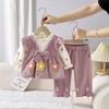 Completo Autunnale da Bambina con Fantasia Floreale a Pois e Fiocco, con Pantaloni Lunghi