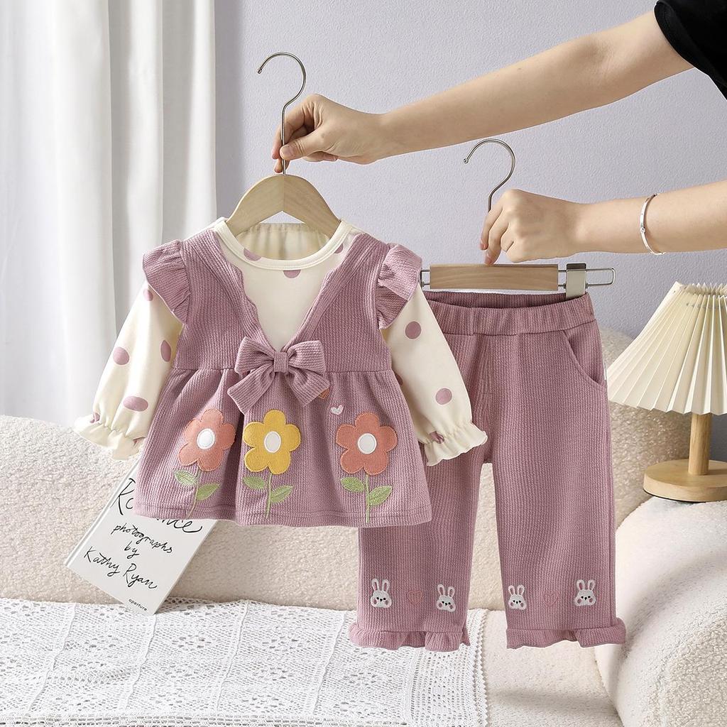 Completo Autunnale da Bambina con Fantasia Floreale a Pois e Fiocco, con Pantaloni Lunghi