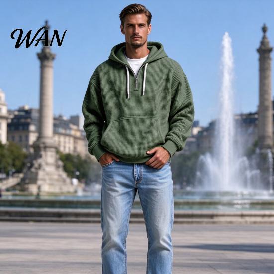 Easy Wear Versatile Outerwear Men Waffle Texture Sweatshirt, Loose Fit Long Sleeve Pullover Tops with Oversized Knit Sweatshirt for Front Pocket,