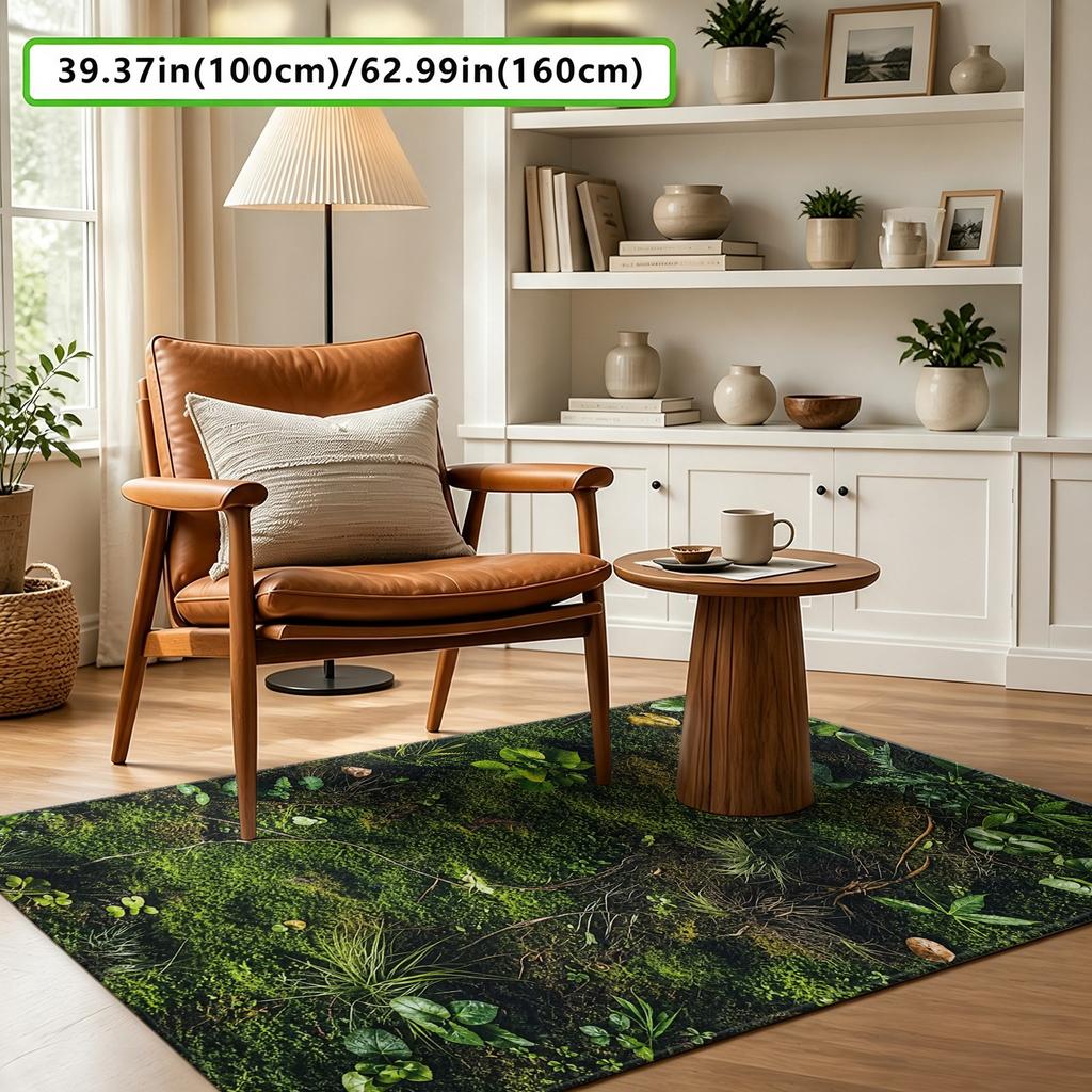 1pc 2D Flat Moss Greenery Printed Area Rug, Hand Washable Non-Slip Decor Mat for Living Room, Bedroom, Entryway & Spa