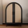 Elegant sideboard/shoe cabinet with rounded exterior, openwork rattan doors and three shelves.