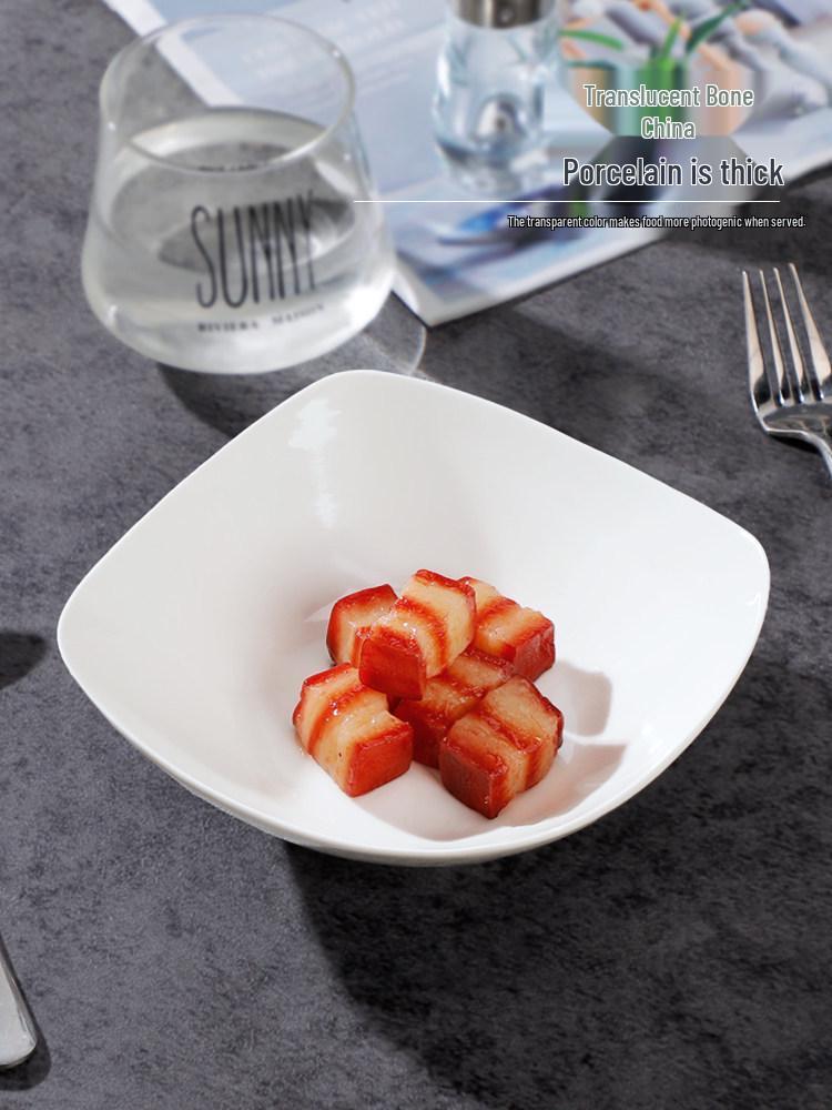 Microwaveable Pure White Ceramic Plate Set: Includes 4/6 Upturned Corner Bowls for Fruits, Soups, and Cold Dishes.