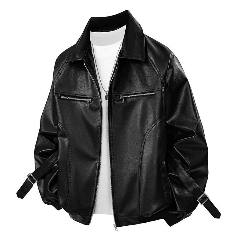 Herren Einfarbig Reißverschluss Strickjacke Herbst und Winter PU-Leder Locker Lässig Revers Jacke Langarm Oberteil