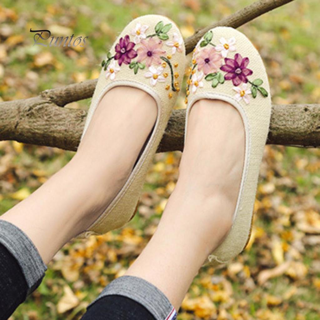 Vintage bestickte Damen-Flats, Blumen-Slipper, runde Zehenschuhe, Slipper, Ballerinas