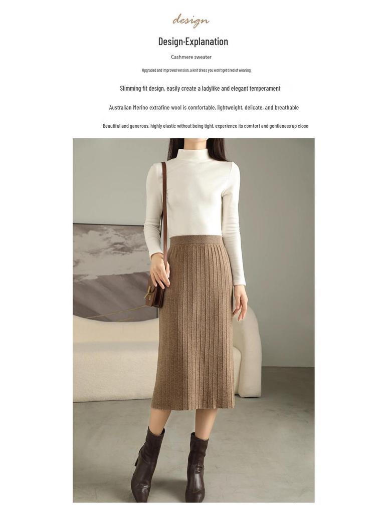 Women's Slim Fit Vertical Stripe Wool Midi Skirt - Versatile Cashmere Knit