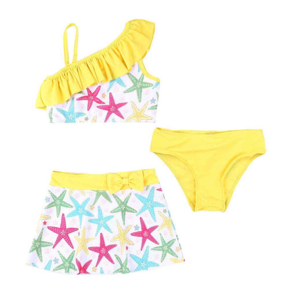 Kids Girls Tankini Set 3 Piece Floral Print Tank Vest Tops with Bikini Briefs and Skirts Summer Swimwear Swimsuits