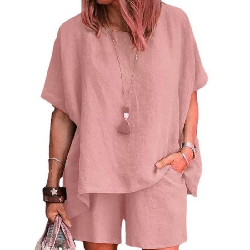 

women s Solid Color Batwing Short Sleeve Loose Top High Waist Casual Shorts Summer Two Piece Outfit Set 6XL рожевий