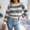 Long Sleeve Loose Knit Sweater for Women O Neck All Match Contrast Fall Winter S-L