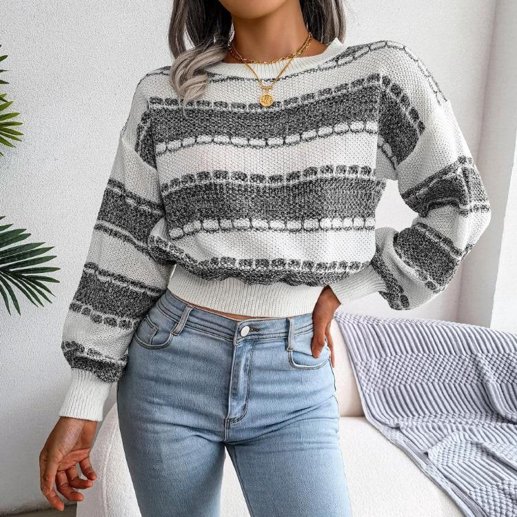 Long Sleeve Loose Knit Sweater for Women O Neck All Match Contrast Fall Winter S-L