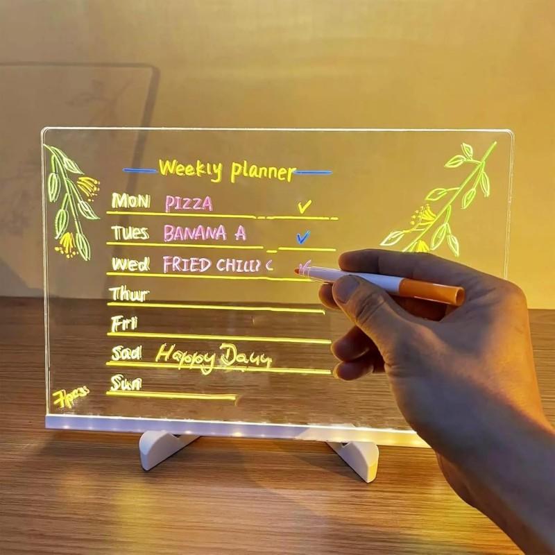 LED Note Board Glowing Acrylic Letter Dry-Erase Board with Bracket Reusable Multifunctional Glow Memo Message Board