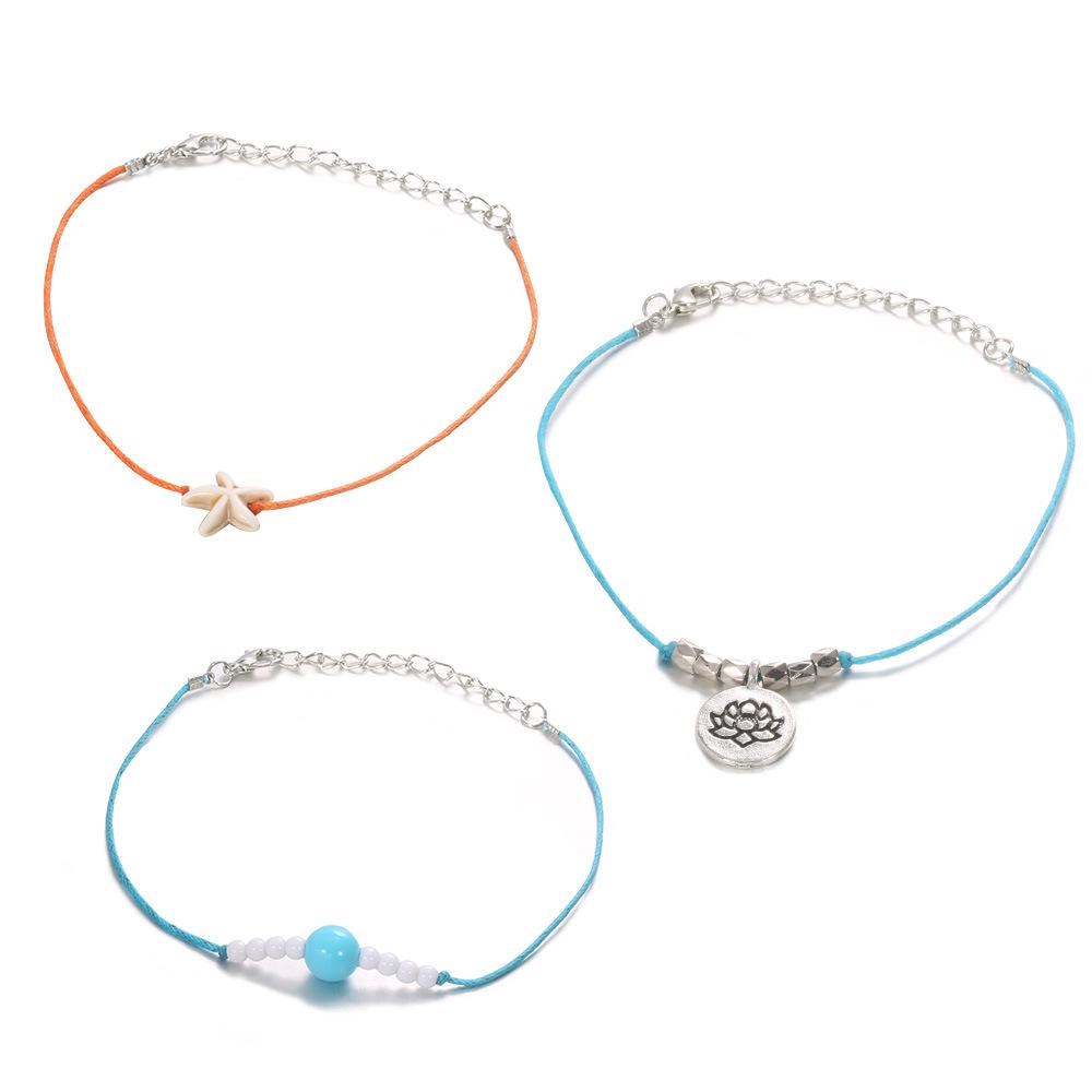 Bracelet, Creative Bohemian Starfish Turquoise Blue Bead Lotus Bracelet Set