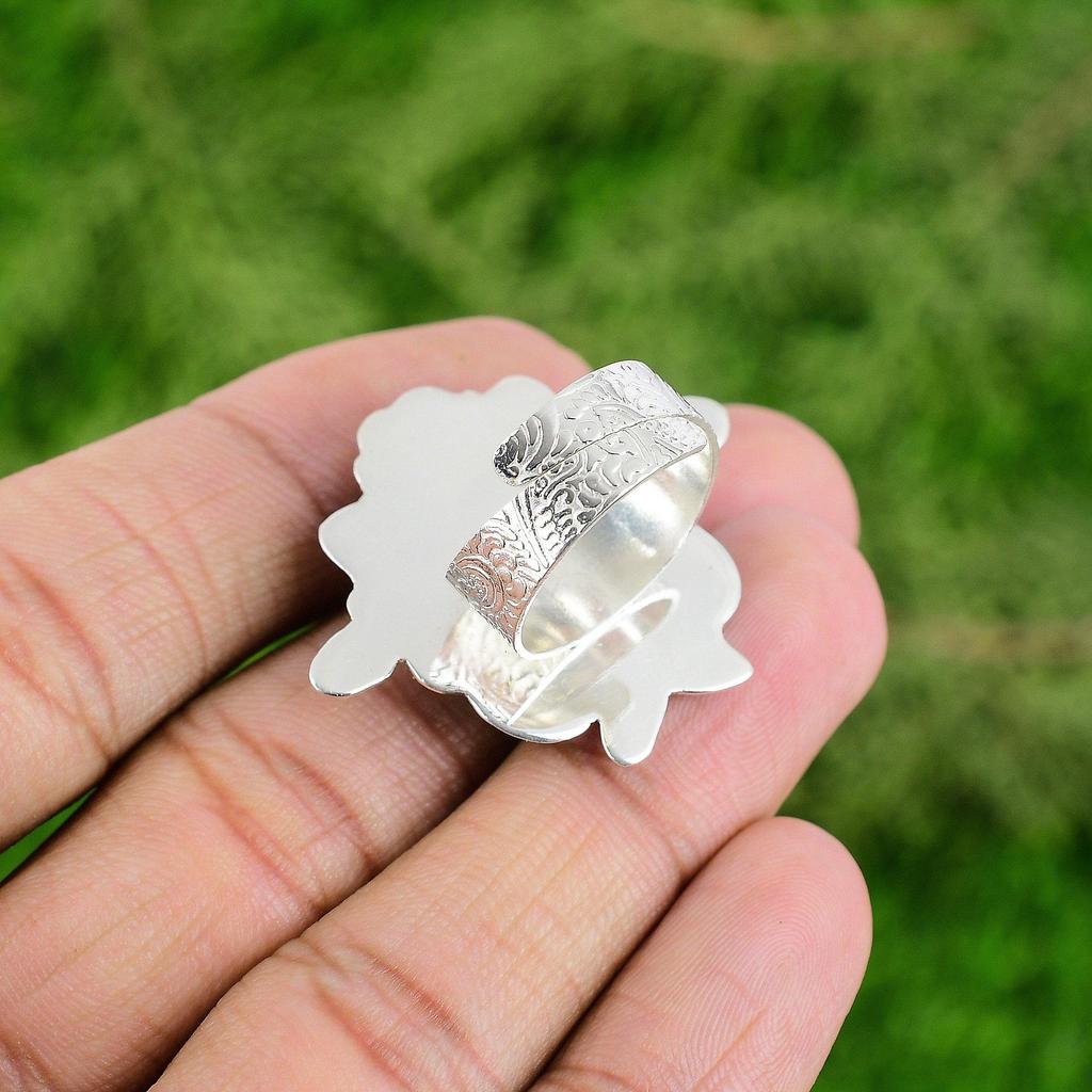 925 Silver Larimar Gemstone Birthday Statement Anniversary Flower Ring Jewelry
