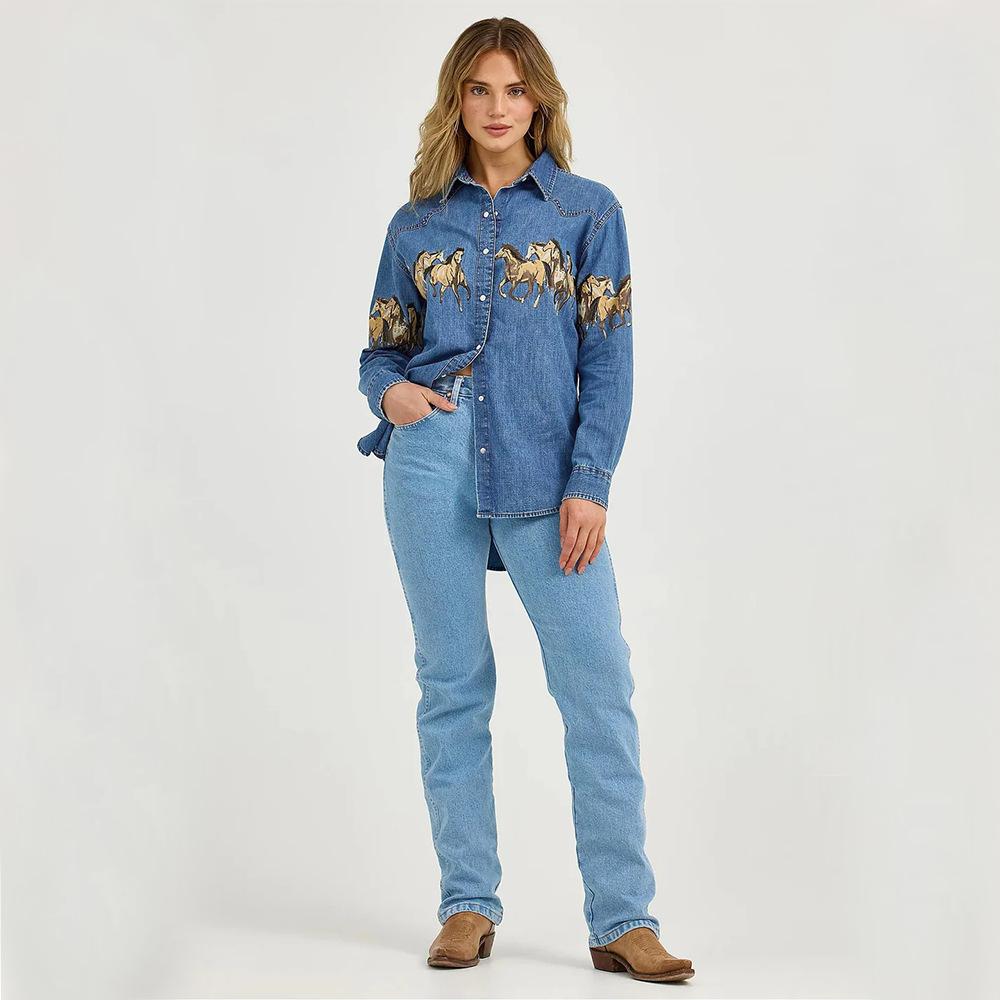 Autumn Retro Denim Lapel Shirt and Fashionable Wild Horse Print Denim Jacket