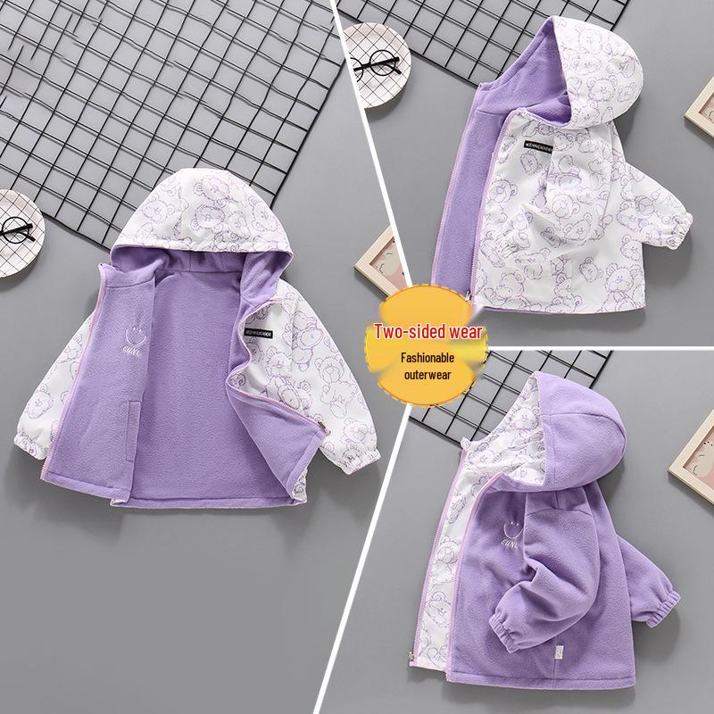 Girls' Double-Sided Softshell Fleece Jacket - Spring/Fall 2026, Plus Velvet Windbreaker.