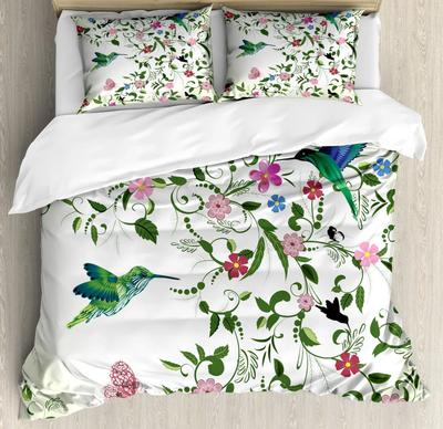 Hummingbird Duvet Cover Swirled Leaves With Flowers Coming Of The Spring Theme Decorative Bedding Pale Ivory Room Decor Women