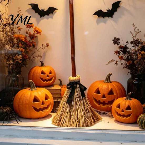 Interactive Halloween Window Display Electric Broom Toy, with Touch Activated Swinging Prop, Retro Realistic Silk Witch Straw Broom, for Party