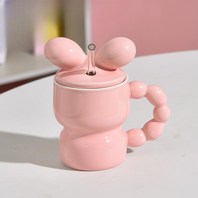 

Light Luxury Cup Pearl Handle Bow Cup Lid Ceramic Mug with Straw Couple Drinking Water Cup 300ml