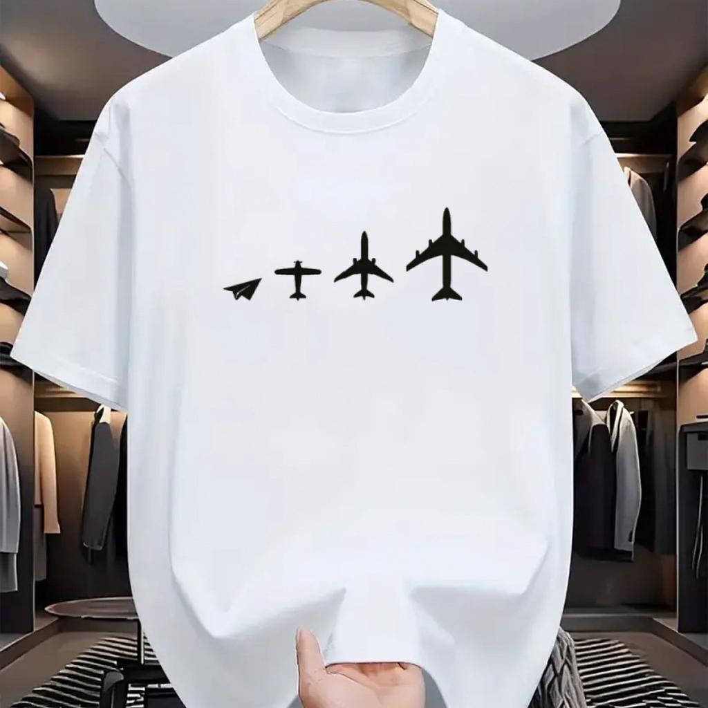 Men Cotton Crew Neck T-Shirt with Airplane Evolution Print Casual Sporty Short Sleeve Tee Slight Stretch Knit Fabric