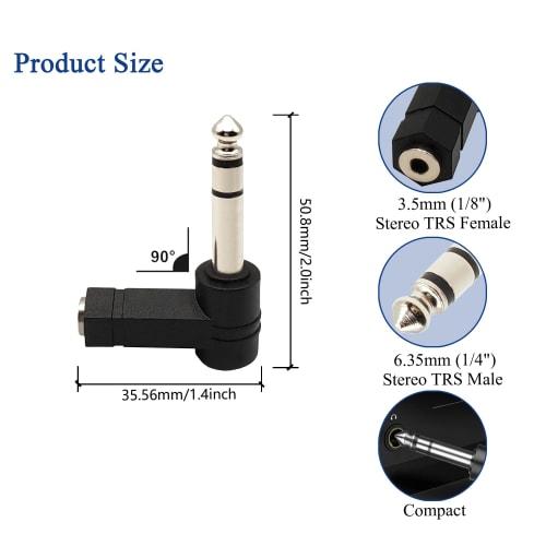 Voluty Tek 90 Degree 3.5mm Adapter, 6.35mm Male to 3.5mm Female, 1/4" Male to 1/8" Female Right Angle Connectors for Headphones (Two)