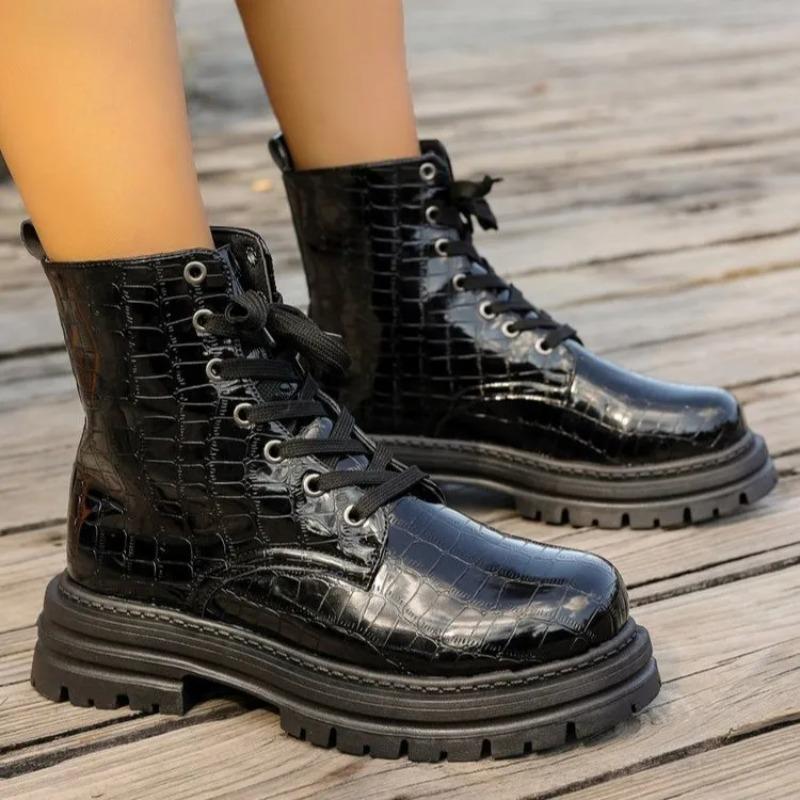 Women's  Fall Embossed High Top Boots British Motorcycle Style Lace Up Leather Mid Calf Shoes Chunky Sole Comfortable