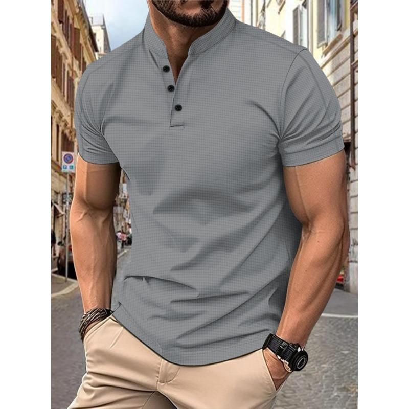 Men's Short Sleeved Stand Up Collar Waffle Henry Collar Casual Short Sleeved Polo Shirt