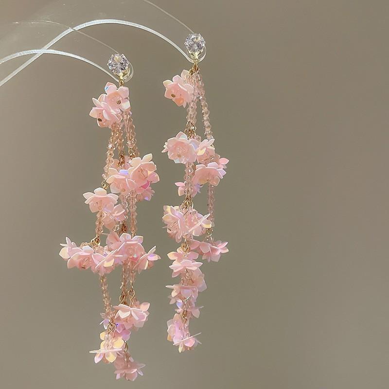 Silver Needle Pink Flower Fringed Vacation Style Earrings Summer Sweet Delicate Stud Earrings Small Fresh Design Earrings Women