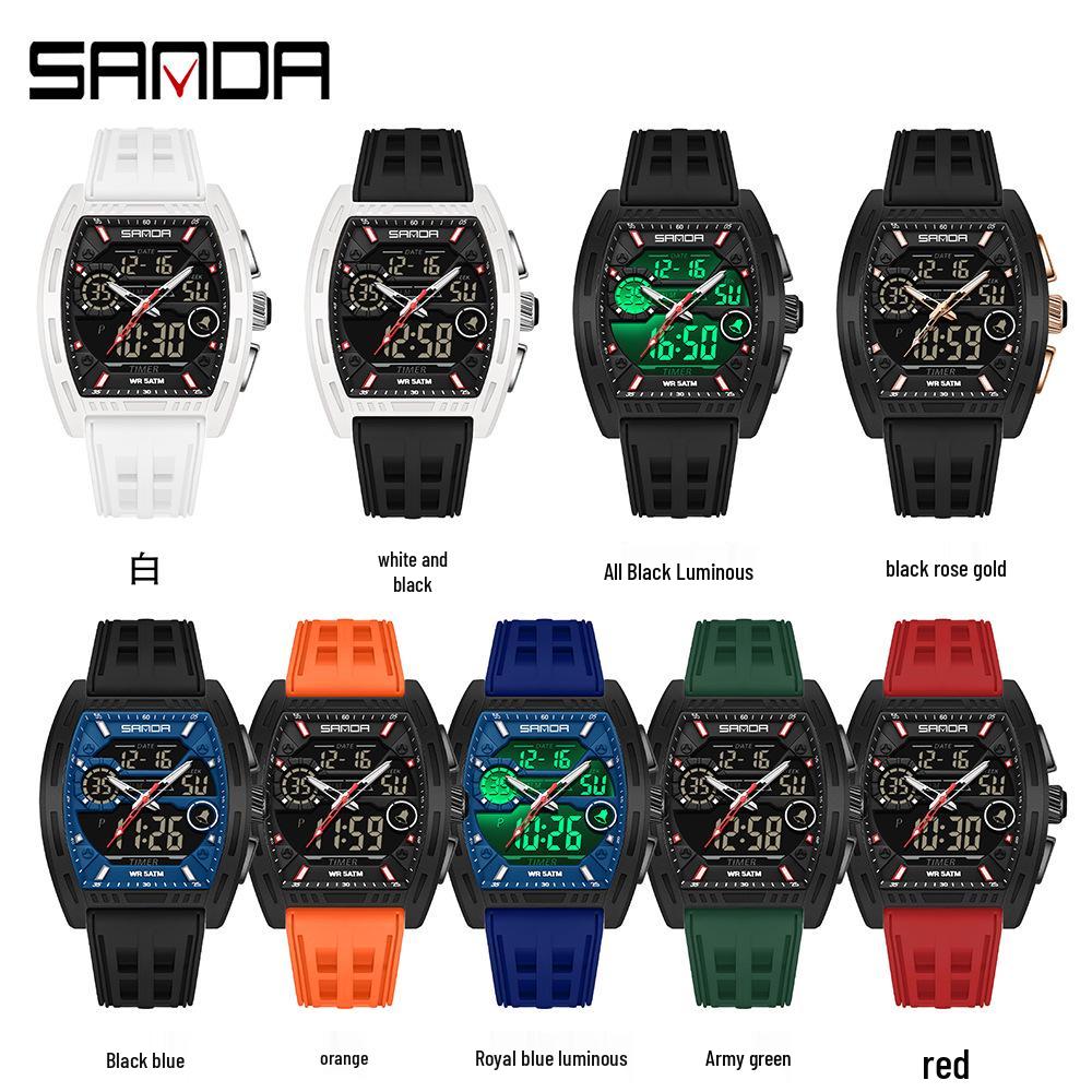 Montre Sanda Double Affichage Lumineuse Étanche pour Étudiant d'Extérieur avec Chronomètre, Alarme et Compte à Rebours