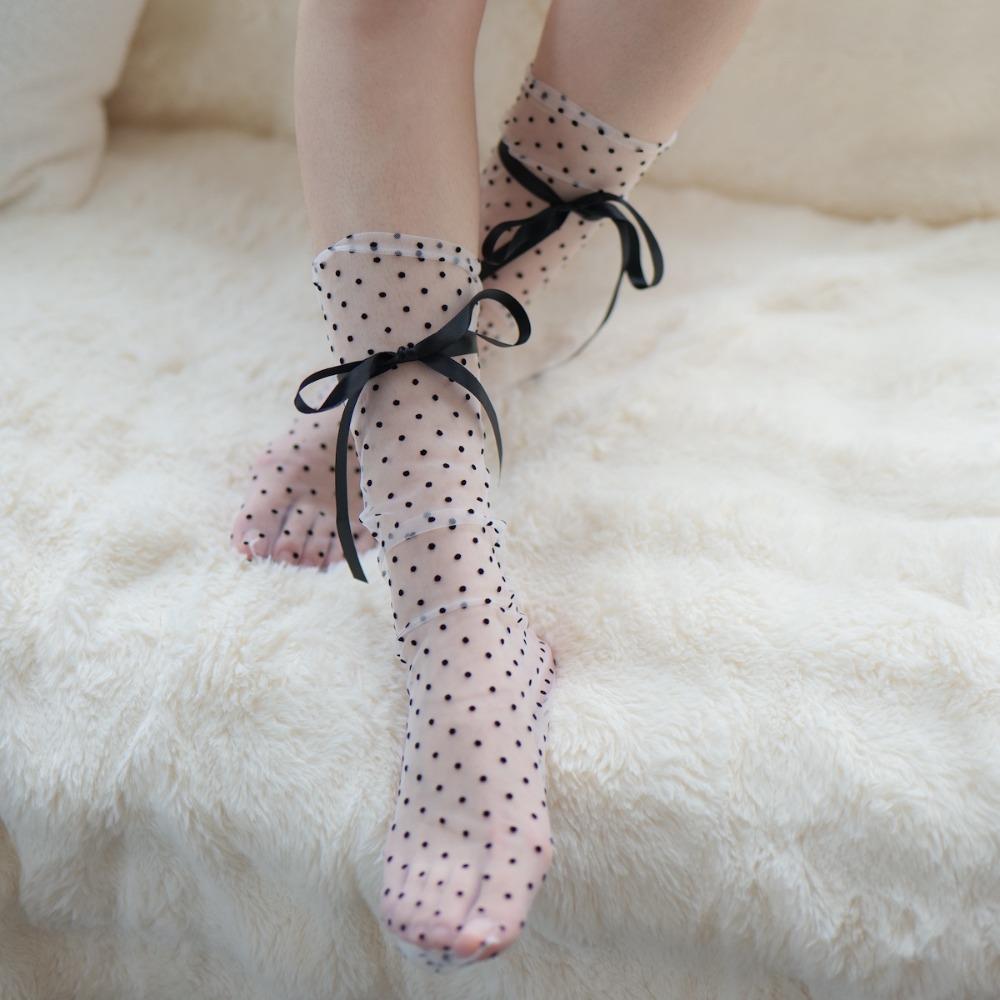 

Bow Mesh Dots Mid Tube Socks Ballet Style Transparent Tulle Bowknot Socks Fashion JK