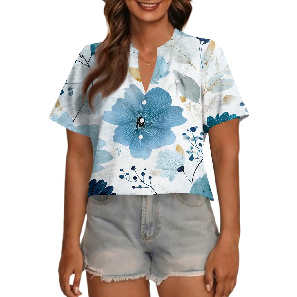 Women's Fashionable Casual V Neck Button Up Oversized Short Sleeve Printed Top
