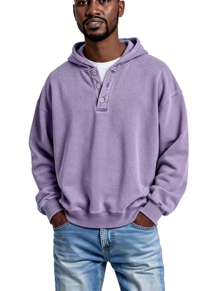 2025 European & American Men's Solid Color Hooded Sweatshirt - Three-Button, Loose Fit, Long Sleeve Jacket for Spring & Autumn