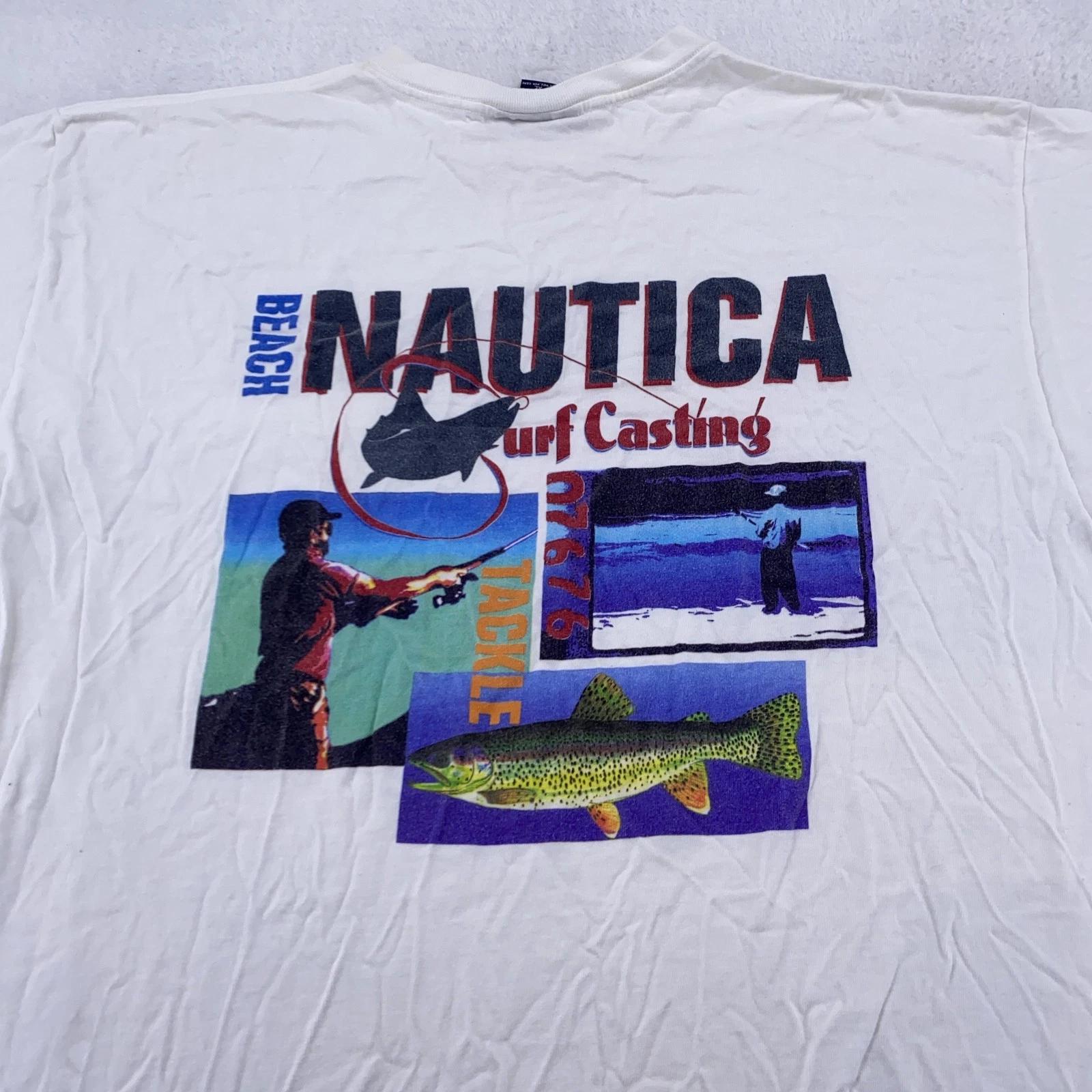 

Vintage Nautica Shirt Mens XL White Surf Casting Fishing Graphic Beach 90s USA 3XL