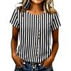 Women's Casual Round Neck Short Sleeve T Shirt Vertical Stripe Print Button Front Lightweight Top for Everyday Wear