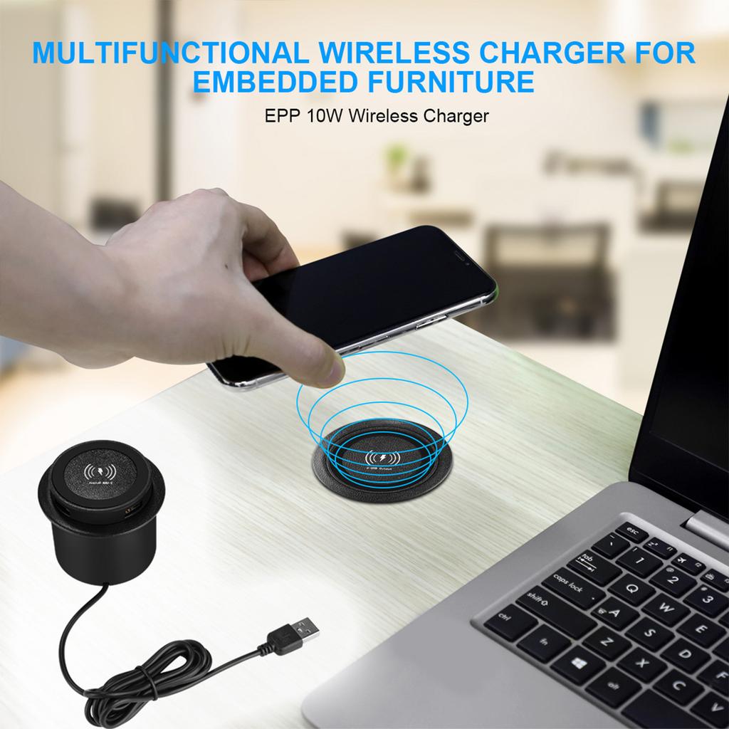 Concealed Wireless Charger, Charging Hub 3 In 1 Embedded Designs with Quick Charge Technology Double USB for Smartphones