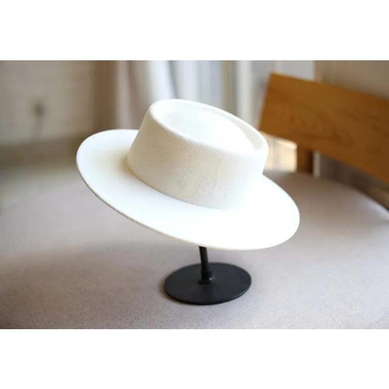 

Panshi British Style Milk White Wool Solid Classileisure Fedoras Cap Men Women Panamhat One Size