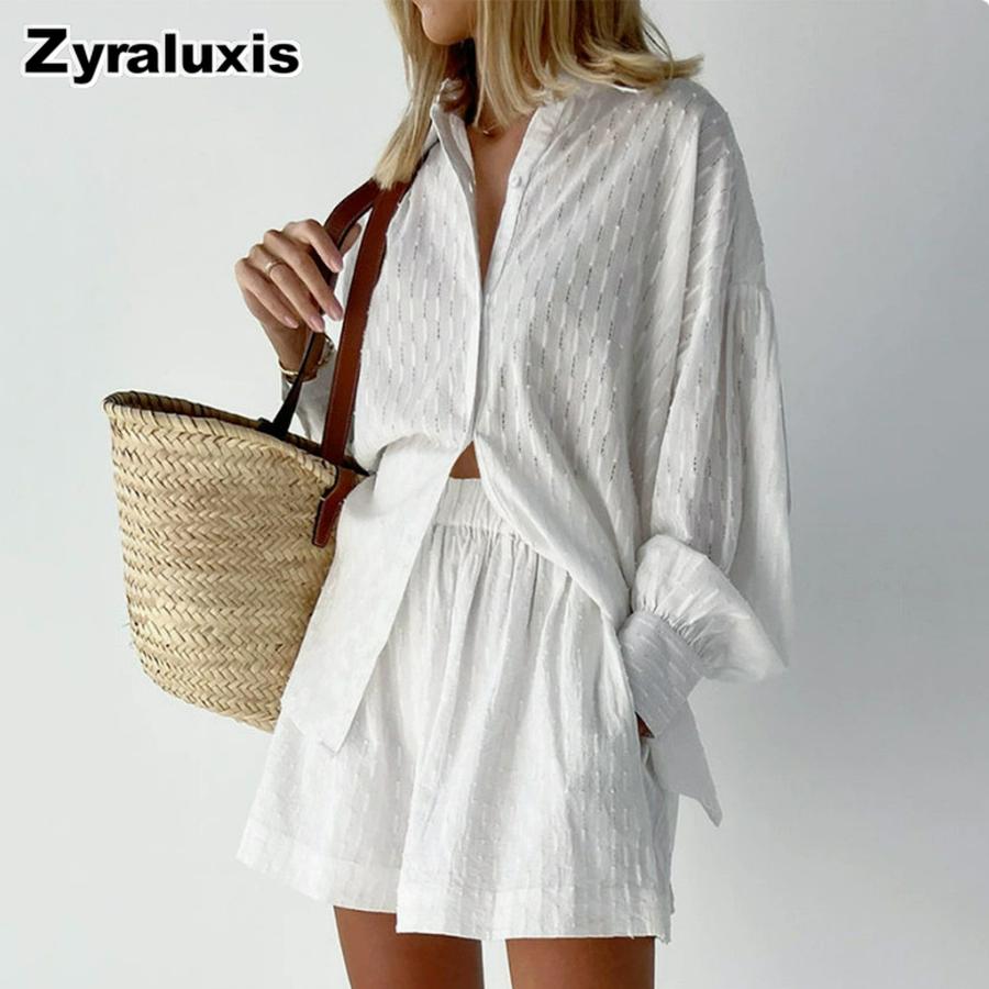 Spring/Summer Women's Lace Trim Bubble Sleeve Top Set with Shorts Casual Fashion Outfit