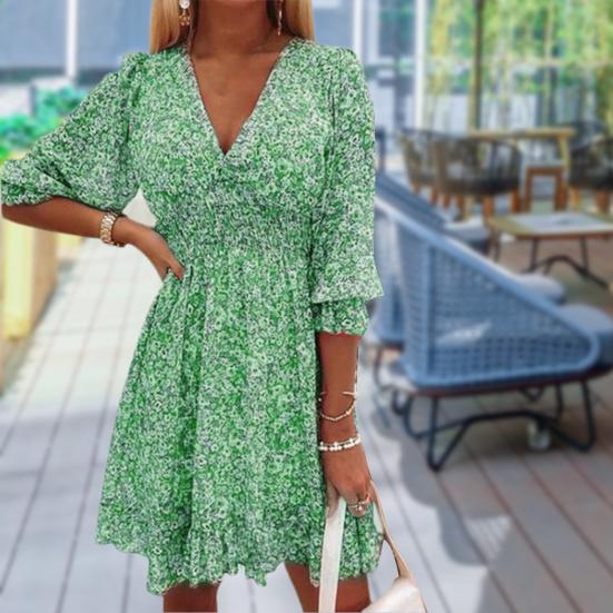 Women s Mid-sleeved V-neck Short Floral Dress L зелёный