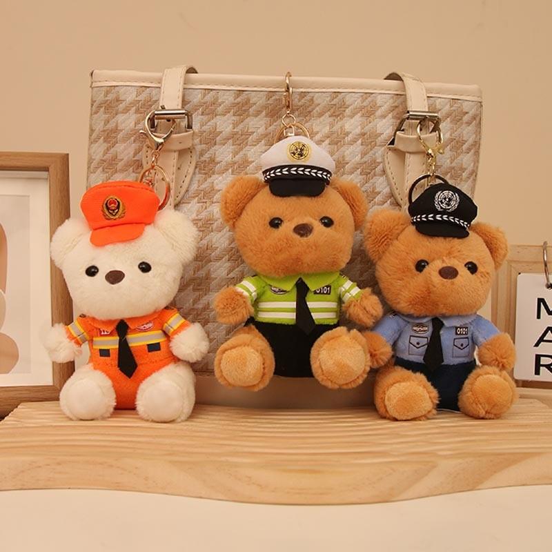 Adorable Plush Teddy Bear Keychain Soft Pp Cotton Stuffed Toy Police Firefighter
