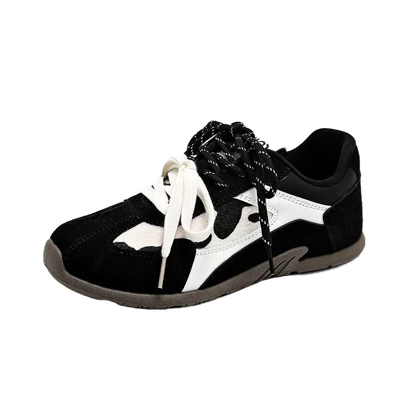 Women Round Toe Leopard Print Flat Lace-up German Training Lace Up Casual Sport Shoes Outdoor Running Vulcanized Shoe