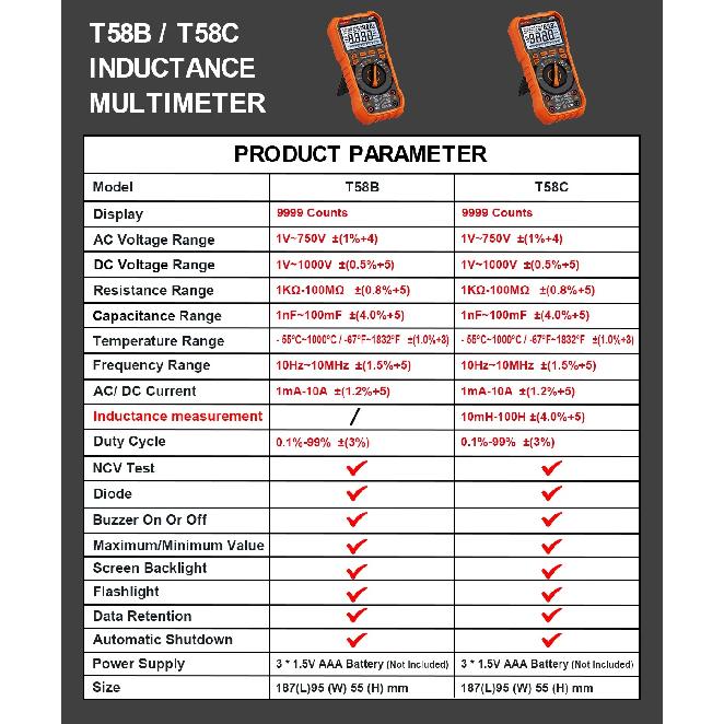 NJTY T58B T58C Inductance Digital Multimeter AUTO Range 9999 Counts Voltage Current Capacitance LED Smart Backlit Large Screen