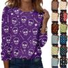 Women's Casual Long Sleeve Halloween Skull Print Pullover Crew Neck Top Lightweight Comfortable Fit for Everyday Wear