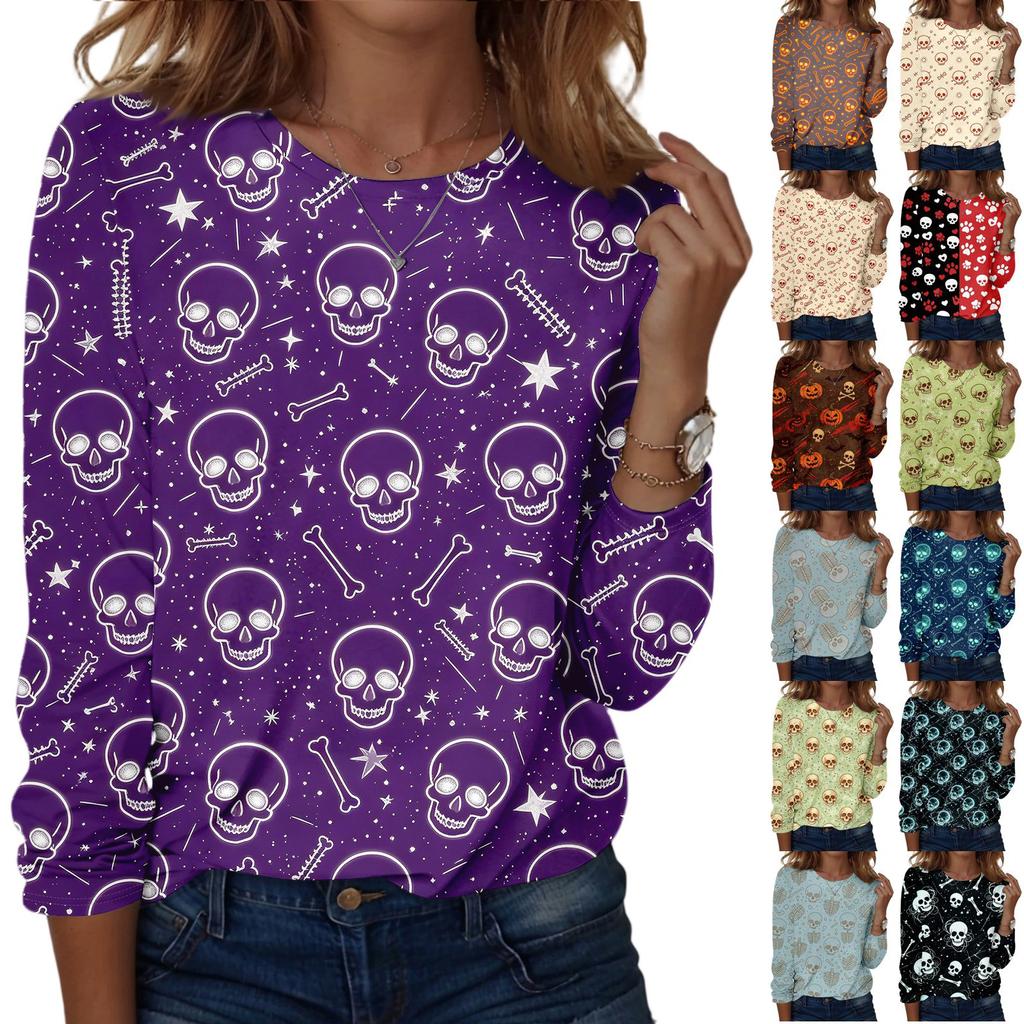 Women's Casual Long Sleeve Halloween Skull Print Pullover Crew Neck Top Lightweight Comfortable Fit for Everyday Wear